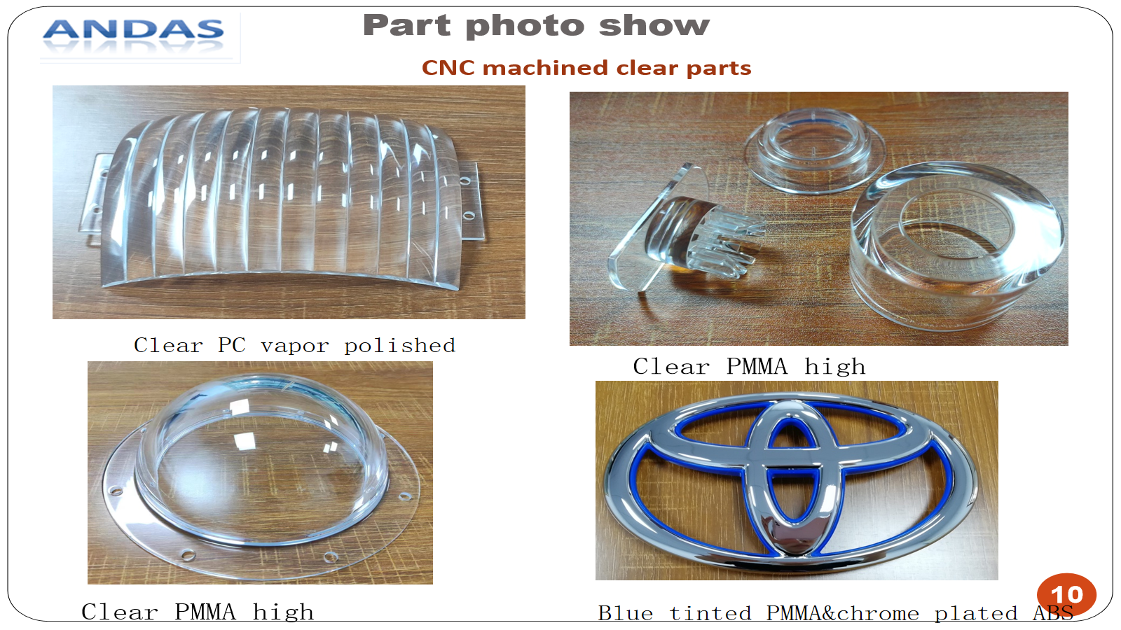 Clear PMMA and PC prototype parts from historical Andas prototyping materials